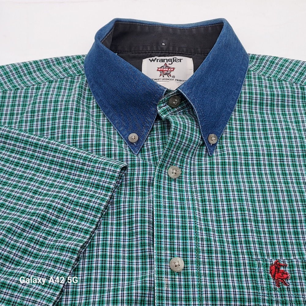 Wrangler PBR Mens Green Plaid Short Sleeve Western Shirt Denim Collar Large
